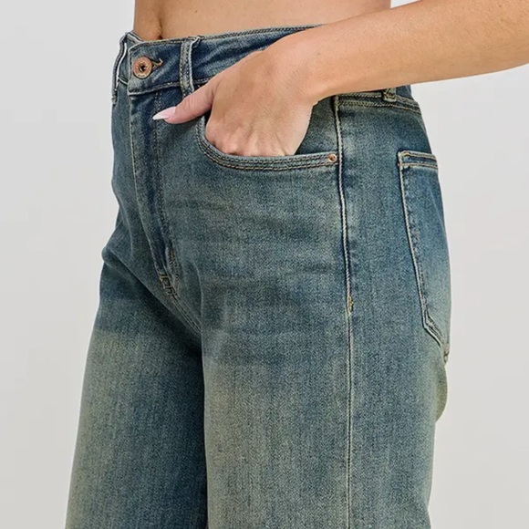 Classic Dark Denim Wide Leg Semi Straight Women's Jeans - Picture 4 of 6